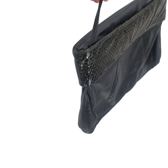 Vintage 80s Black Genuine Leather Snakeskin Embossed Crossbody Bag Formal Glam - Picture 7 of 11
